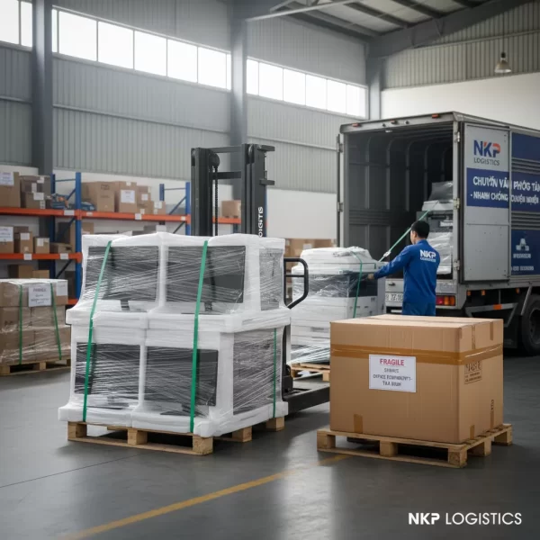 2. Thiết bị văn phòng được bọc lót cẩn thận, sẵn sàng vận chuyển.