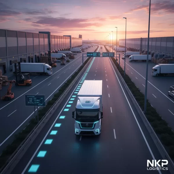 2. Xe tải tự hành công nghệ cao di chuyển trên cao tốc thông minh lúc hoàng hôn