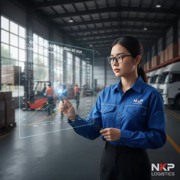 3. Chuyên viên logistics phân tích biểu đồ giá cước trên màn hình cảm ứng trong suốt