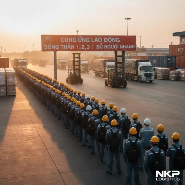 1. Hàng dài công nhân đồng phục sẵn sàng nhận việc.