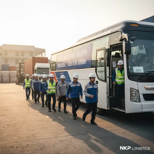 3. Công nhân lên xe đưa rước với tác phong công nghiệp khẩn trương.