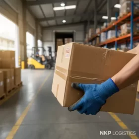 1.  Cận cảnh đôi tay đeo găng bảo hộ đang nắm chắc kiện hàng nặng.