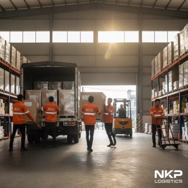 2. Đội bốc xếp phối hợp nhịp nhàng với hiệu ứng chuyển động mờ (motion blur).