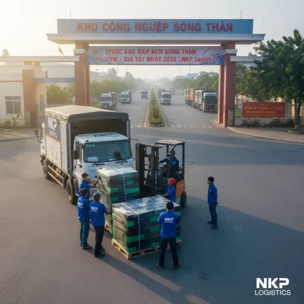 1. Đội bốc xếp NKP Logistics làm việc tại cổng KCN Sóng Thần