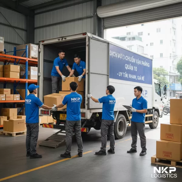 1. Đội ngũ nhân viên đồng phục đang bốc xếp thùng carton lên xe tải.
