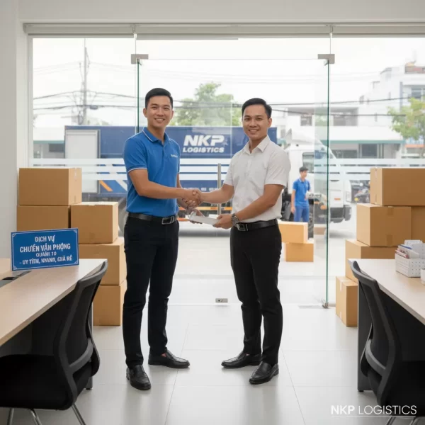 4. Nhân viên bàn giao văn phòng cho khách hàng đang mỉm cười.