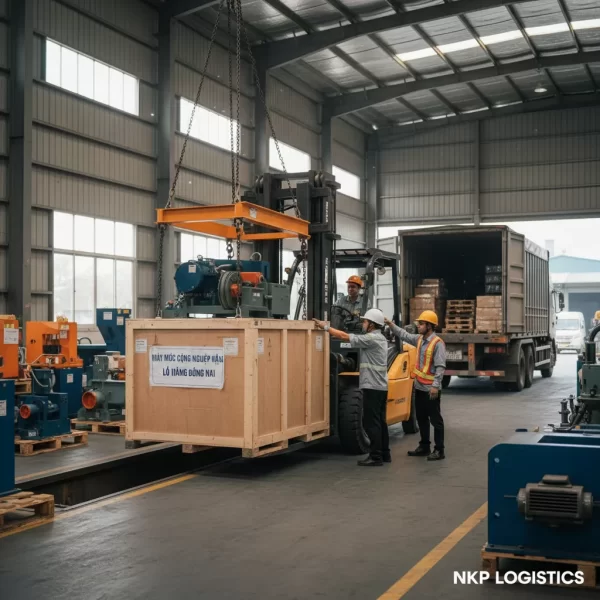 2. Cận cảnh xe nâng đưa thiết bị nặng vào vị trí chính xác.