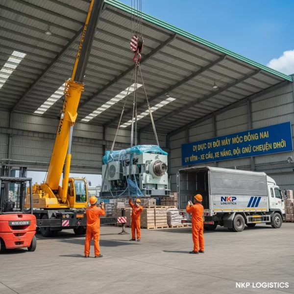 3. Xe cẩu tải trọng lớn đang cẩu máy móc trong khuôn viên nhà xưởng.