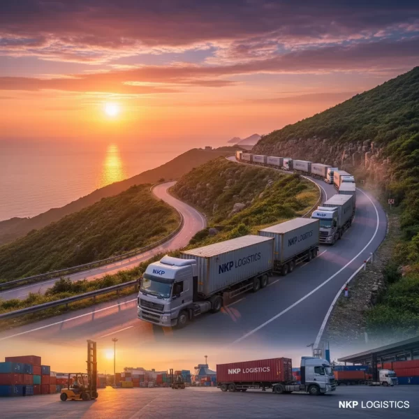 1. Đoàn xe container hùng vĩ trên đèo Hải Vân lúc hoàng hôn.