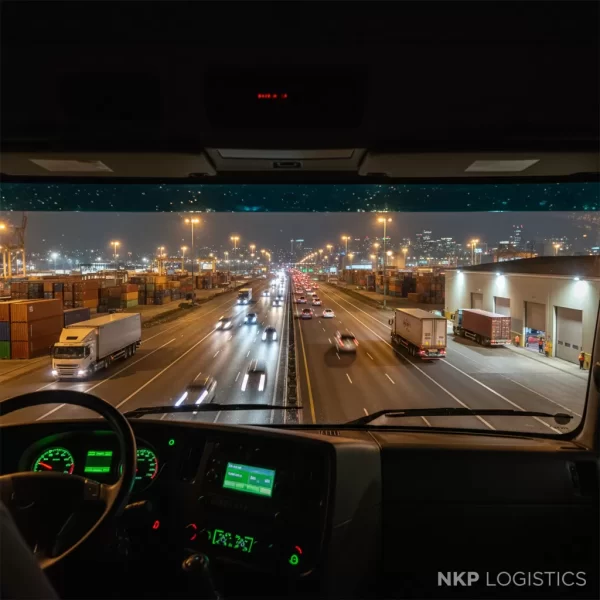 2. Góc nhìn từ cabin xe đầu kéo trên cao tốc về đêm.