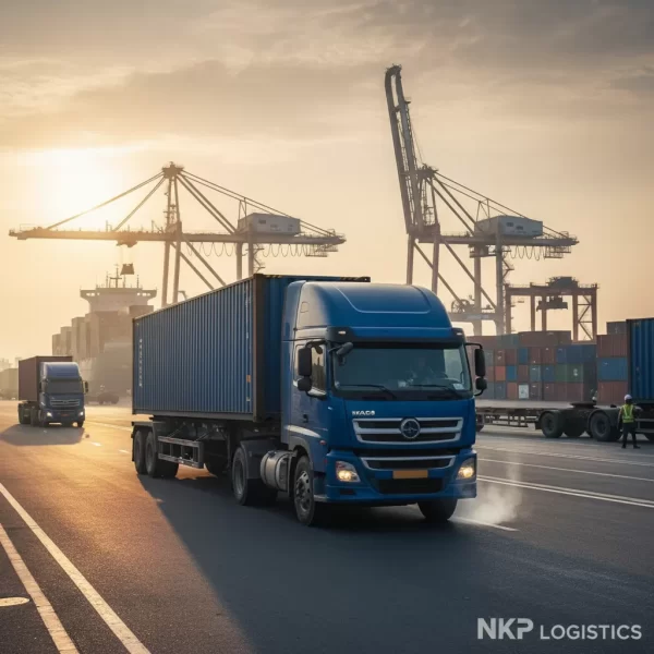 4. Xe đầu kéo container sẵn sàng xuất phát tại cảng Cát Lái lúc bình minh.