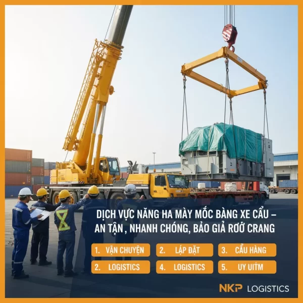 Dựa trên tiêu đề 'Dịch Vụ Nâng Hạ Máy Móc Bằng Xe Cẩu – An Toàn, Nhanh Chóng, Báo Giá Rõ Ràng', đây là 5 từ khóa ảnh độc đáo: