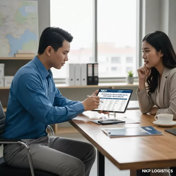 2. Chuyên viên tư vấn trình bày báo giá trên tablet cho khách hàng.