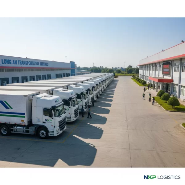 3. Đoàn xe tải sạch sẽ xếp hàng ngay ngắn tại kho bãi.