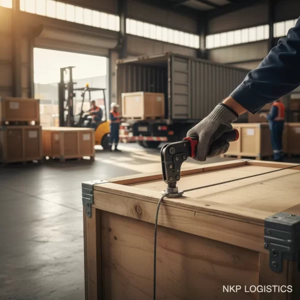 1. Bàn tay chuyên nghiệp siết ốc niêm phong thùng gỗ.