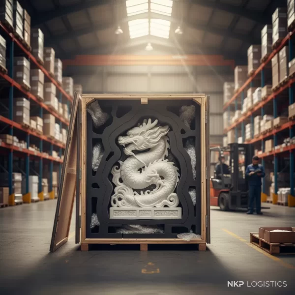 2. Tác phẩm điêu khắc tinh xảo bên trong lớp lót chống sốc của thùng gỗ.