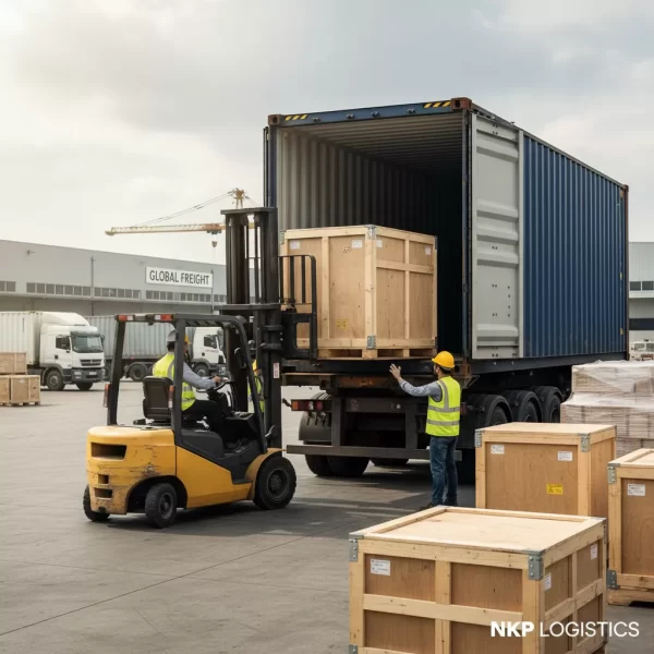 3. Thùng gỗ kiên cố được xe nâng đưa lên container vận chuyển.