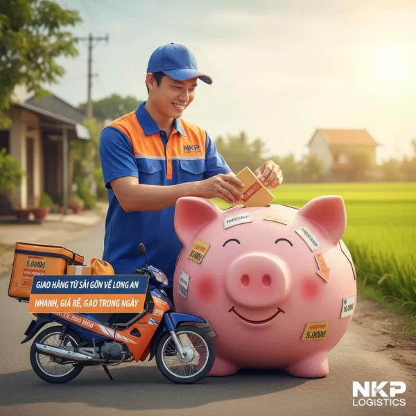 3. Shipper mỉm cười đặt kiện hàng vào một con heo đất tượng trưng cho giá rẻ.