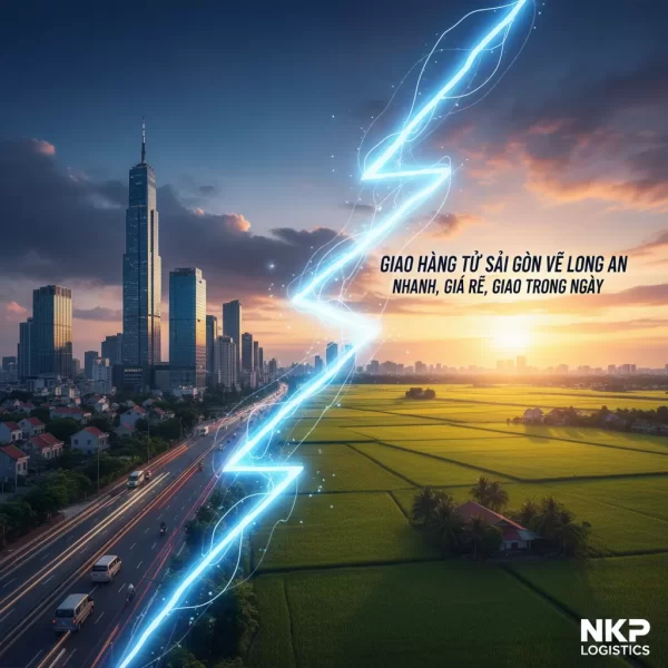 4. Biểu tượng Sài Gòn (Bitexco) và Long An (cánh đồng lúa) được nối với nhau bằng tia chớp.