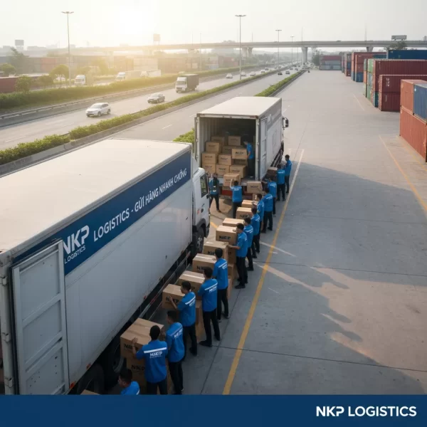 2.  Nhân viên xếp hàng lên xe tải khẩn trương