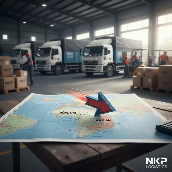 2. **Mũi tên vận chuyển** (Hình ảnh một kiện hàng được cách điệu như một mũi tên, lao nhanh trên bản đồ từ điểm Đồng Nai đến An Giang, thể hiện tốc độ).
