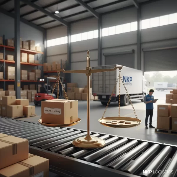 4. **Vận chuyển tiết kiệm** (Hình ảnh một chiếc cân, một bên là kiện hàng lớn, một bên là vài đồng xu nhỏ nhưng cân vẫn nghiêng về phía kiện hàng, tượng trưng cho giá cước rẻ).