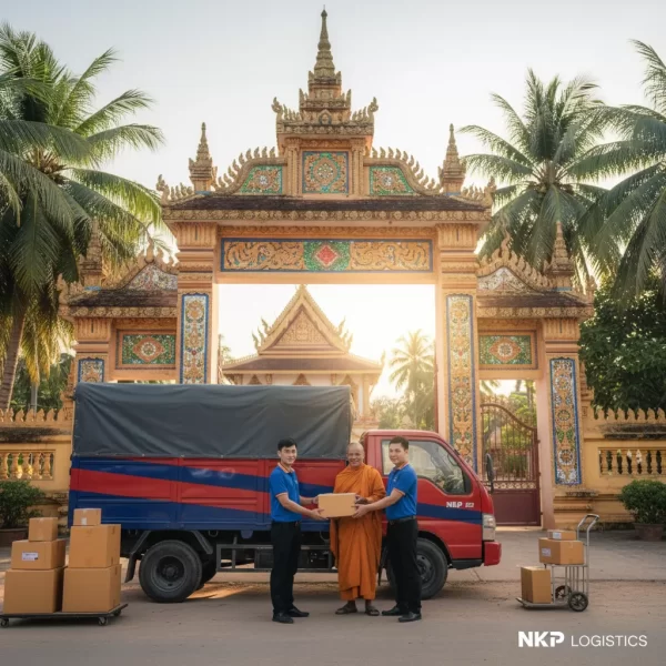 3. Giao hàng đúng hẹn trước cổng một ngôi chùa Khmer đặc trưng ở Sóc Trăng.