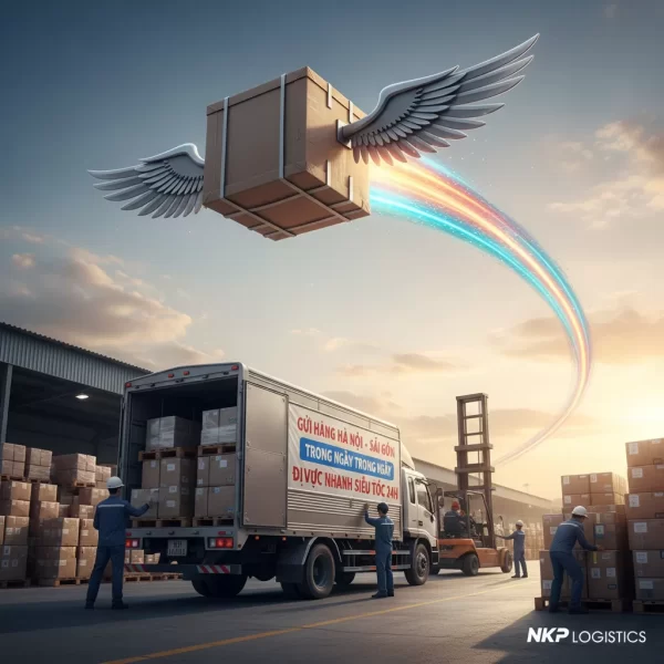 1. Gói hàng có cánh bay với vệt sáng