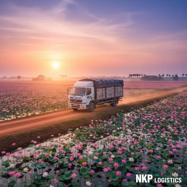 2.  Xe tải băng qua cánh đồng sen Tháp Mười lúc bình minh.