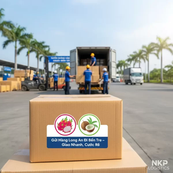 2. Gói hàng với tem biểu tượng thanh long và quả dừa.