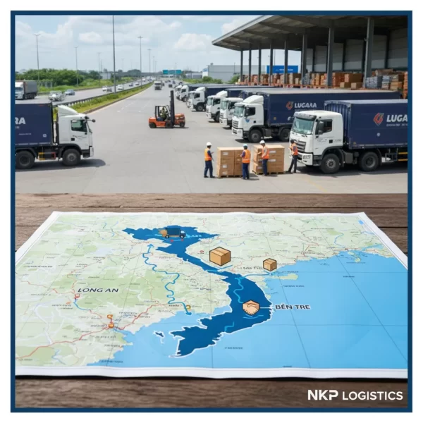 3. Lộ trình Long An-Bến Tre vẽ cách điệu trên bản đồ.