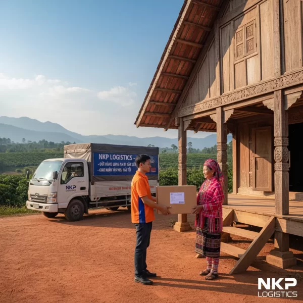2. Nhân viên giao hàng trao kiện hàng trước hiên nhà sàn ở Đắk Lắk