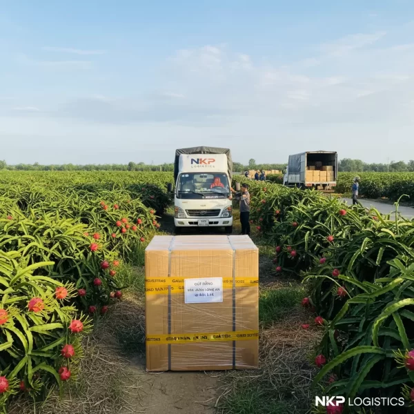 3. Kiện hàng đóng gói cẩn thận đặt giữa vườn thanh long Long An