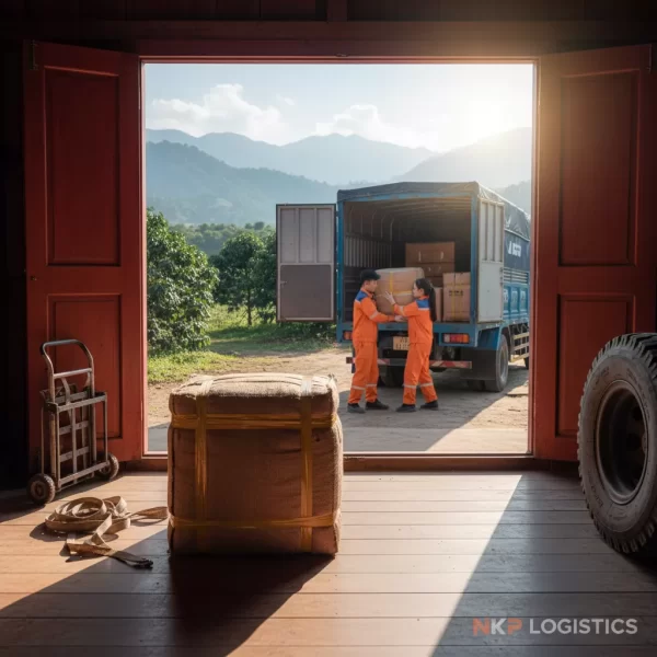 2. Kiện hàng trên nền nhà Rông đặc trưng của Tây Nguyên.