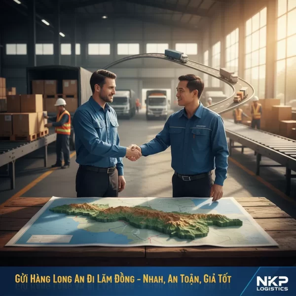 2. Cái bắt tay hợp tác trên nền bản đồ Long An và Lâm Đồng.