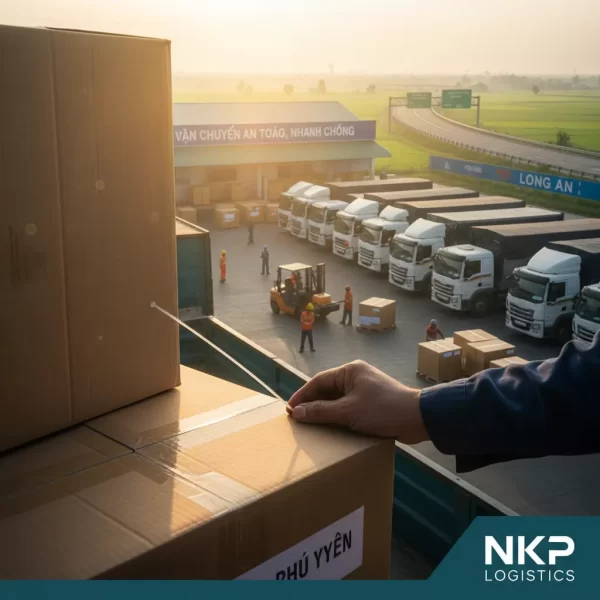 2. Bàn tay tài xế kiểm tra niêm phong kiện hàng lúc bình minh.