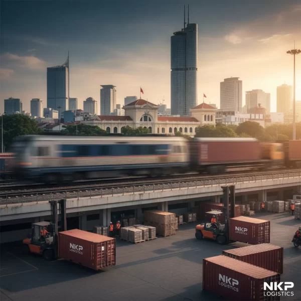 1. Đoàn tàu lướt qua biểu tượng Sài Gòn với vệt mờ tốc độ.