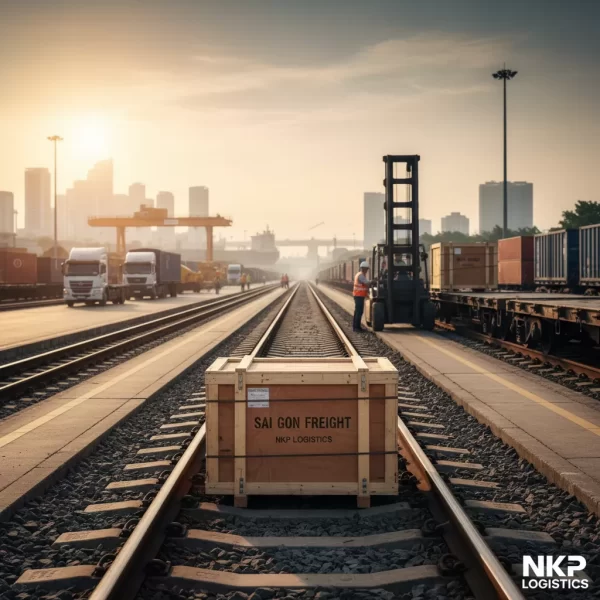 2. Kiện hàng được đặt cẩn thận trên đường ray kéo dài về phía chân trời.