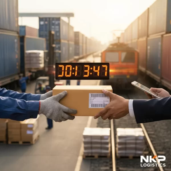 3. Bàn tay trao gói hàng trên nền đồng hồ bấm giờ đang chạy.