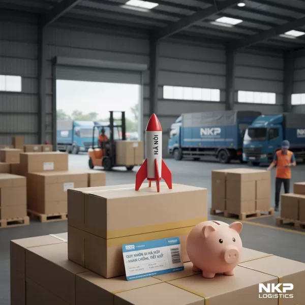 4. Bưu kiện gắn tên lửa mini bên cạnh heo đất tiết kiệm.