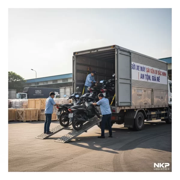 Xếp xe máy lên xe tải