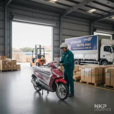 1.  Nhân viên Viettel Post bọc xe máy cẩn thận