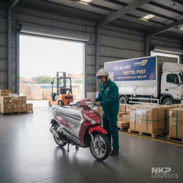 1. Nhân viên Viettel Post bọc xe máy cẩn thận