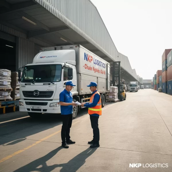 2. Tài xế mặc đồng phục đang giao nhận hàng tại nhà xưởng