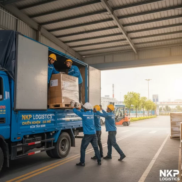 4. Nhân viên bốc xếp pallet hàng hóa lên thùng xe tải