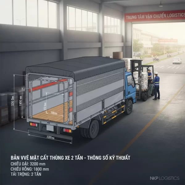 Bản vẽ 3D mặt cắt thùng xe 2 tấn