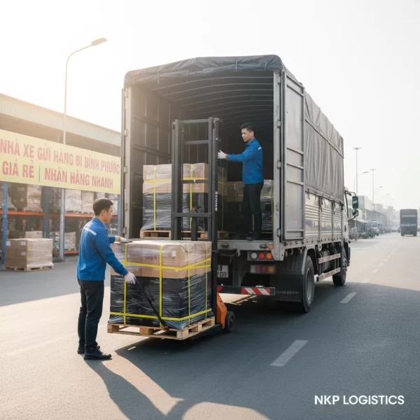 2.  Nhân viên cẩn thận bốc xếp kiện hàng lên xe.