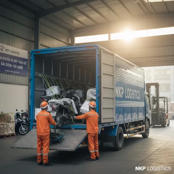 1. Xe máy được bọc lót cẩn thận trên xe tải