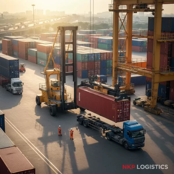 3.  Cẩu container 40 feet lên xe đầu kéo