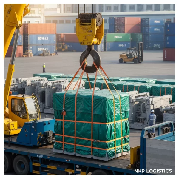 3. Cận cảnh móc cẩu đang siết chặt hàng hóa